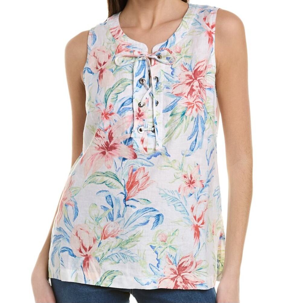 Tommy Bahama Maya Meadows Floral Lace-Up Front 100% Linen Sleeveless Top Size M